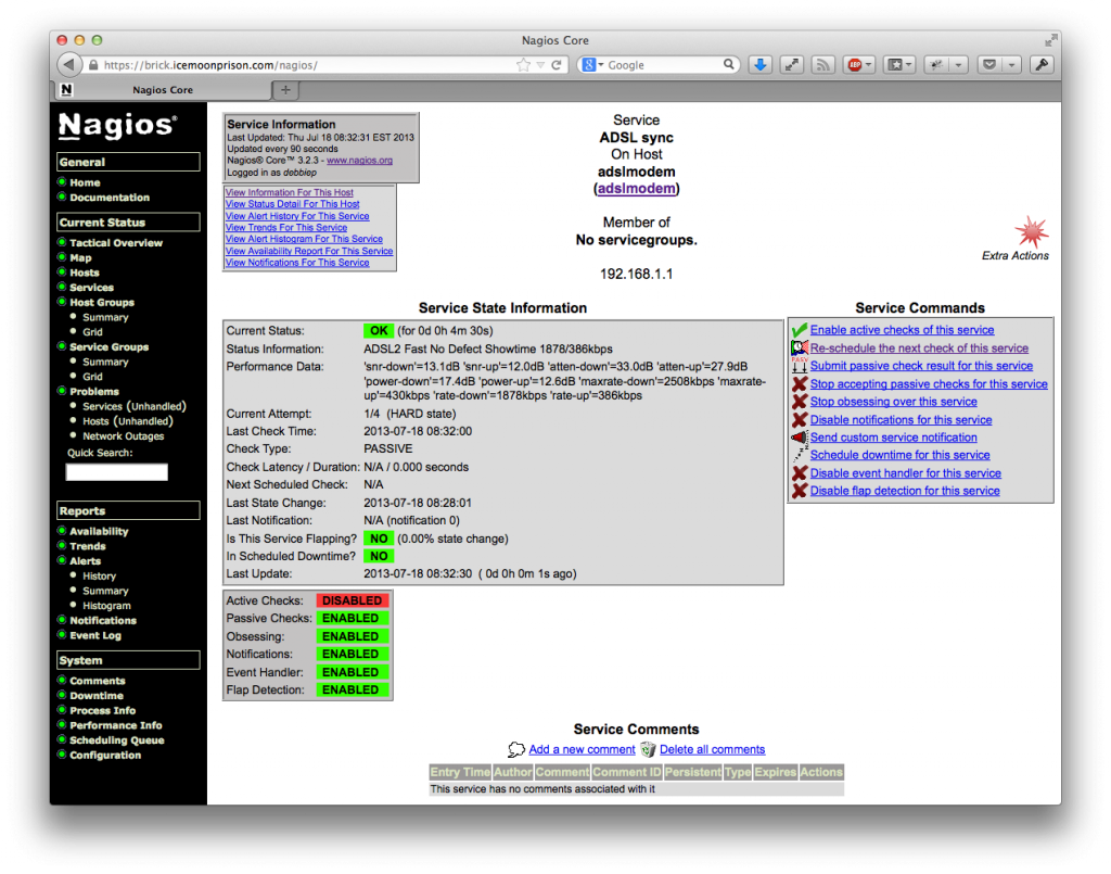 Nagios webpage for ADSL sync