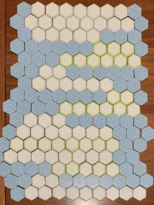 Hexagons arranged in a rough vertical rectangle. Some are flipped over to their blue "Ravensburger" side.